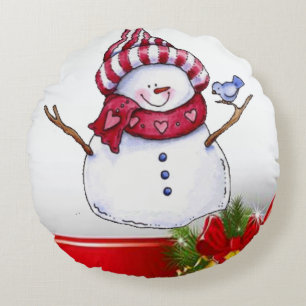 Christmas Round Pillow, Snowman Round Cushion