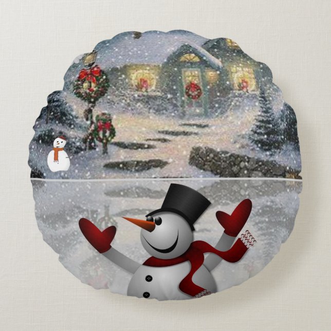 Christmas Round Pillow, Snowman Round Cushion (Front)