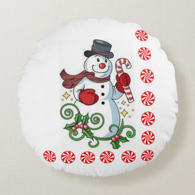 Christmas Round Pillow, Snowman Round Cushion (Front)