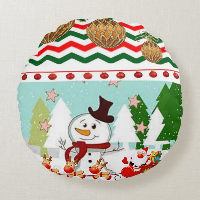 Christmas Round Pillow, Snowman Round Cushion (Front)