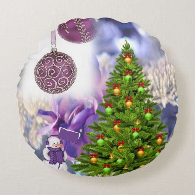 Christmas Round Pillow, Snowman Round Cushion (Front)