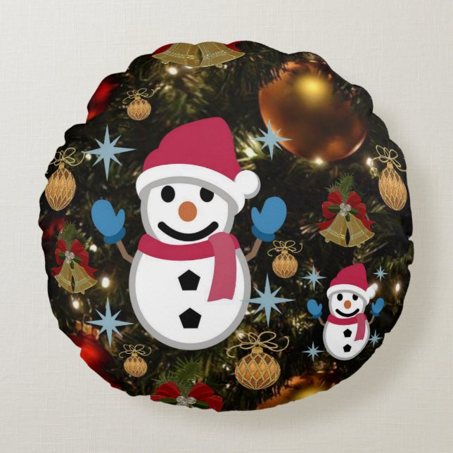 Christmas Round Pillow, Snowman Round Cushion (Front)