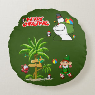 Christmas Round Pillow, Summer Beach Santa Cushion