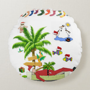 Christmas Round Pillow, Summer Beach Santa Cushion