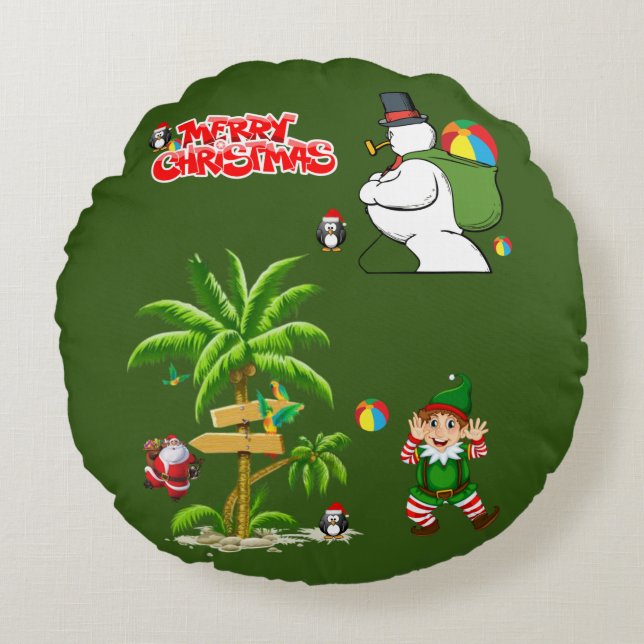 Christmas Round Pillow, Summer Beach Santa Round Cushion (Front)