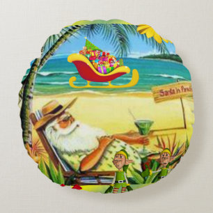 Christmas Round Pillow, Summer Beach Santa Round Cushion