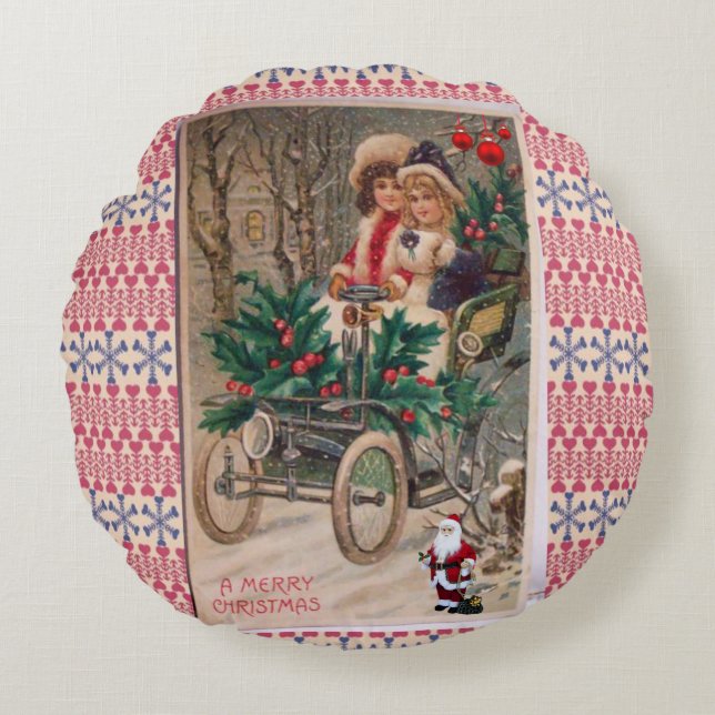Christmas Round Pillow, Vintage Round Cushion (Front)