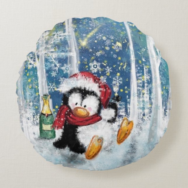 Christmas Round Pillow with Happy Penguin (Front)
