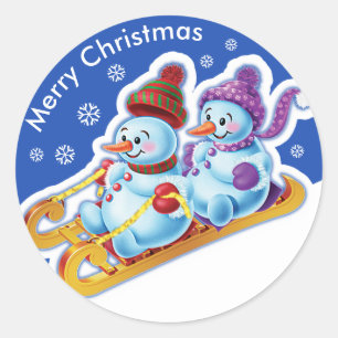 Christmas round sticker Snowmen Snow sports.
