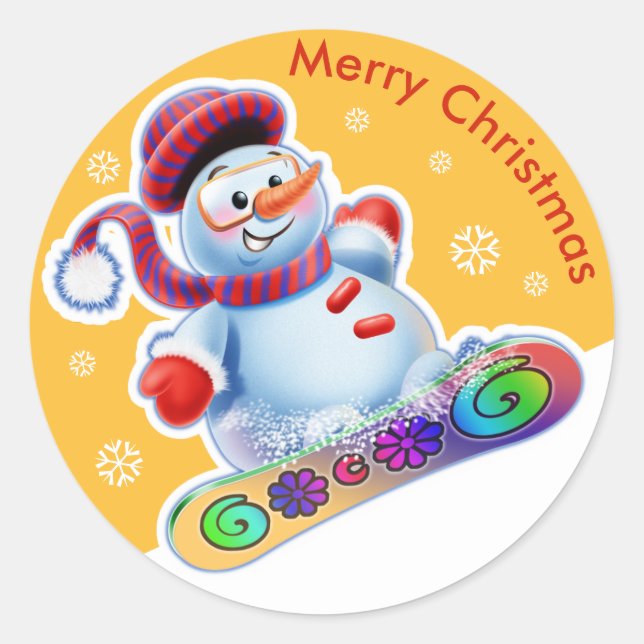 Christmas round sticker Snowmen Snow sports. (Front)