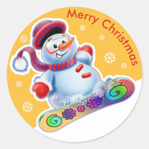 Christmas round sticker Snowmen Snow sports.