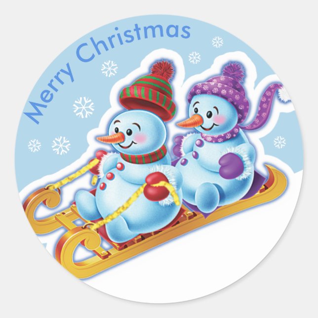 Christmas round sticker Snowmen Snow sports. (Front)