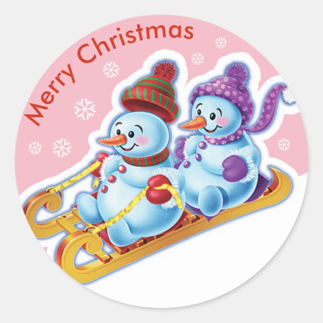 Christmas round sticker Snowmen Snow sports. (Front)