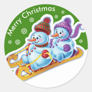 Christmas round sticker Snowmen Snow sports.
