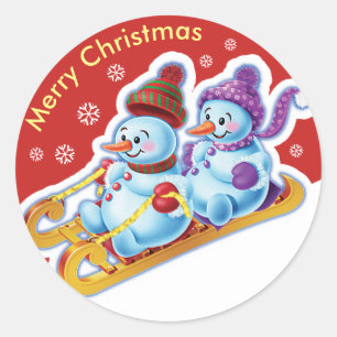 Christmas round sticker Snowmen Snow sports.