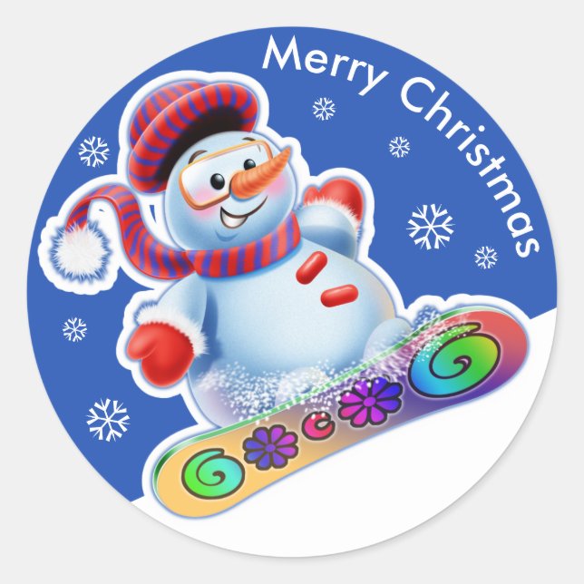 Christmas round sticker Snowmen Snow sports. (Front)