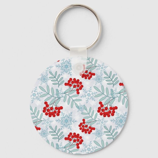 Christmas, Rowan, red, white, snowflakes Key Ring (Front)