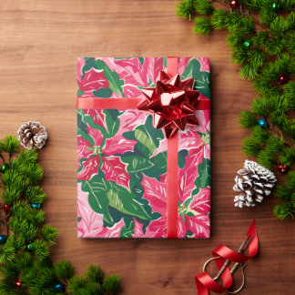 Christmas Ruby Pink Poinsettia N Leaves Pattern Wrapping Paper
