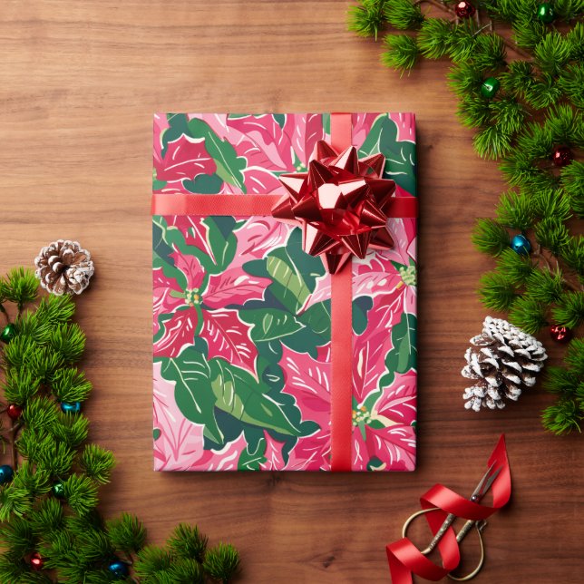 Christmas Ruby Pink Poinsettia N Leaves Pattern Wrapping Paper (Holiday Gift)