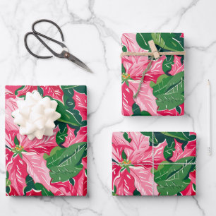 Christmas Ruby Pink Poinsettia N Leaves Pattern Wrapping Paper Sheet