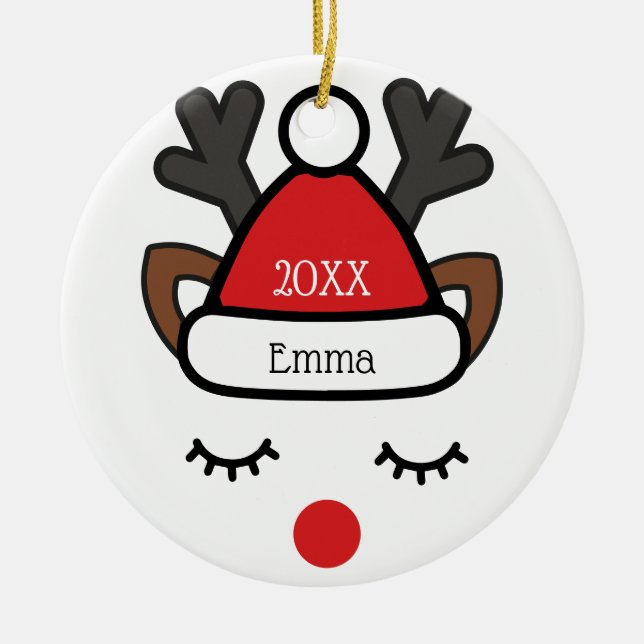 Christmas Rudolph fun Custom Name and Photo Ceramic Tree Decoration (Front)