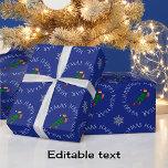 Christmas runner custom text blue wrapping paper<br><div class="desc">The text on this sport-themed wrapping paper is in white and can be edited for your preferred greeting, or simply use the supplied: "MERRY CHRISTMAS HAPPY NEW YEAR". The design shows a pictogram runner (in christmas green) wearing a santa hat and carrying a festive parcel. The background is navy, and...</div>