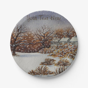 Christmas rural cottages snow scene art paper plate