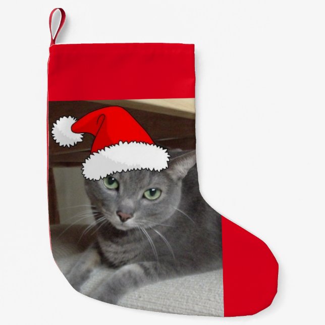 Christmas Russian Blue Cat Small Christmas Stocking (Front)