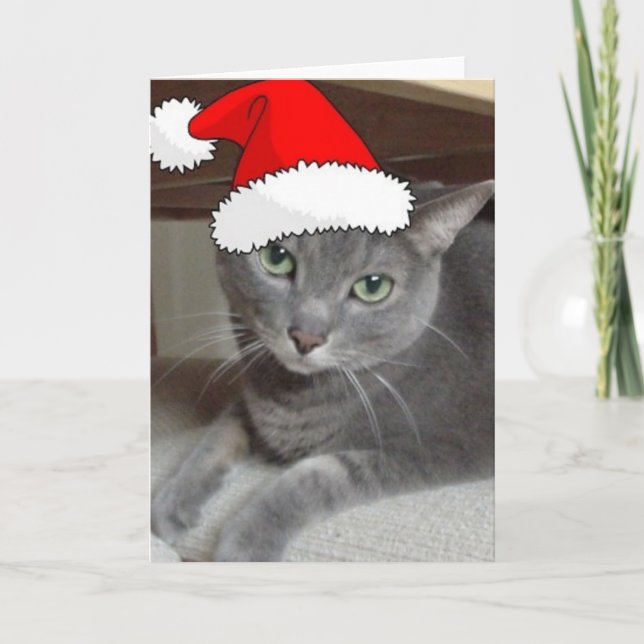 Christmas Russian Blue Grey Cat Holiday Card (Front)