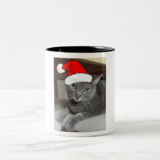 Christmas Russian Blue Grey Cat Two-Tone Coffee Mug