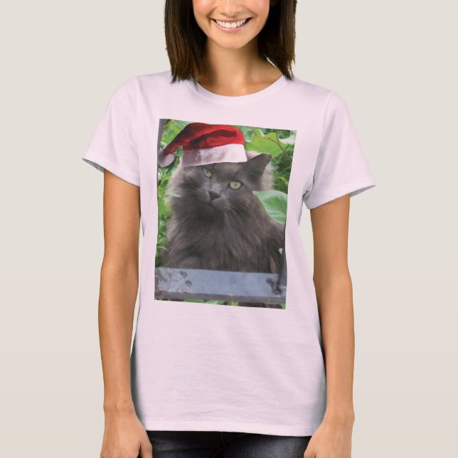 Christmas Russian Blue Grey Long-haired Cat T-Shirt (Front)