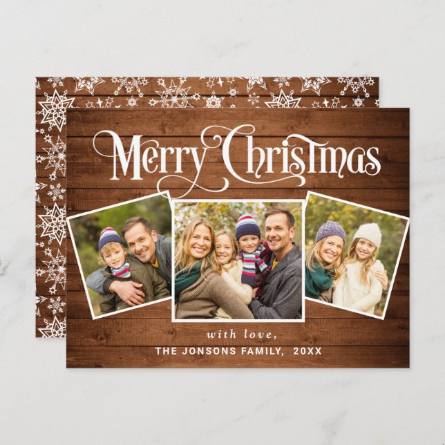 Christmas Rustic 3 PHOTO Greeting Holiday Card (Front/Back)