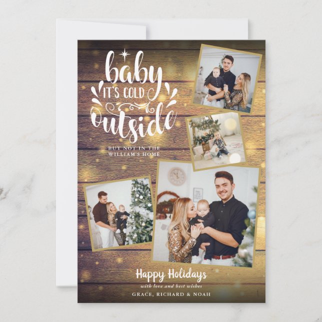 Christmas Rustic 4 Photo Collage Wood Holiday Card (Front)