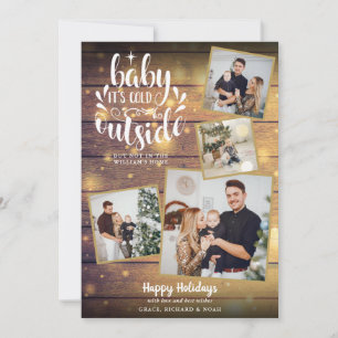 Christmas Rustic 4 Photo Collage Wood Holiday Card