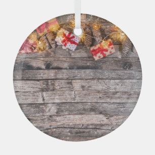 Christmas rustic background, wooden planks. glass tree decoration