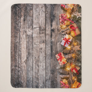 Christmas rustic background, wooden planks. sherpa blanket