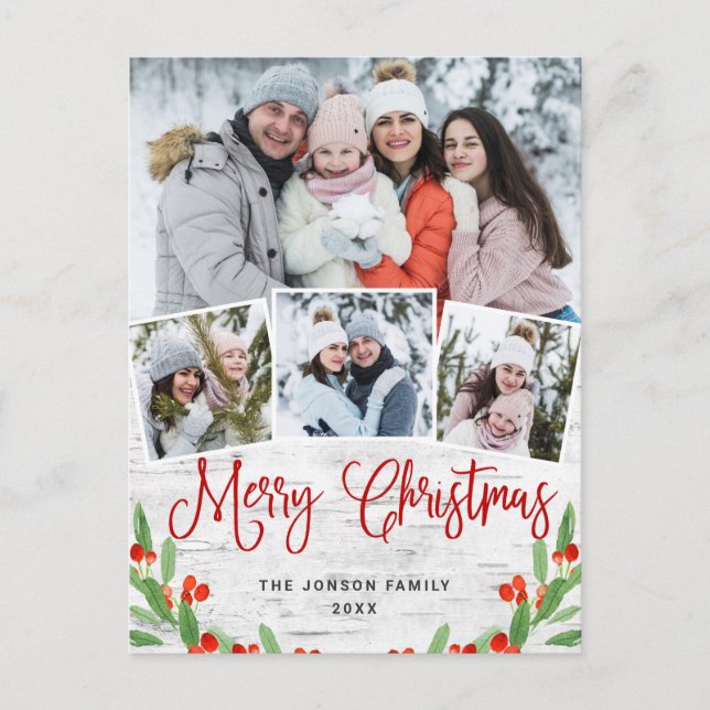 Christmas Rustic Birch 4 PHOTO Greeting Holiday Postcard (Front)