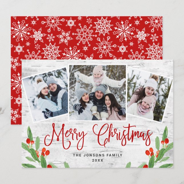 Christmas Rustic Birch Bark 3 PHOTO Greeting Holiday Card (Front/Back)