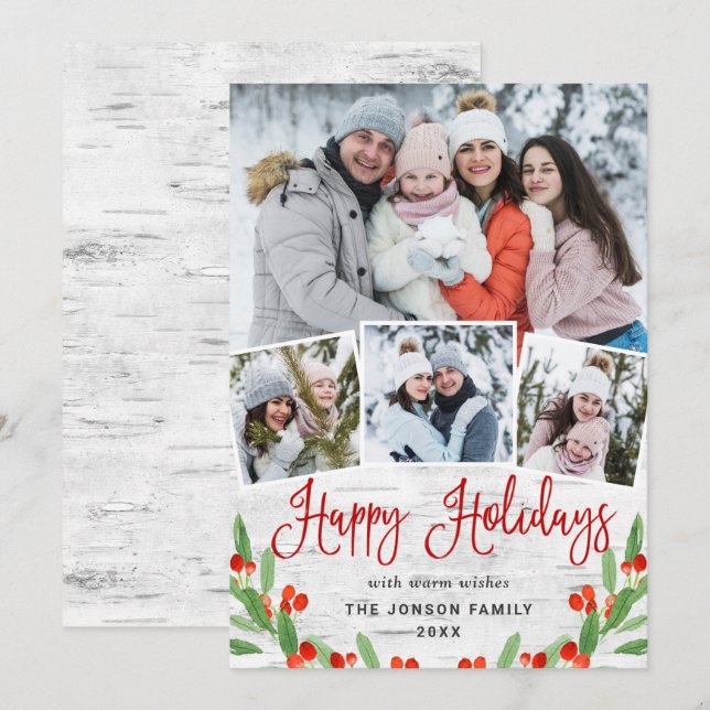 Christmas Rustic Birch Bark 4 PHOTO Greeting Holiday Card (Front/Back)