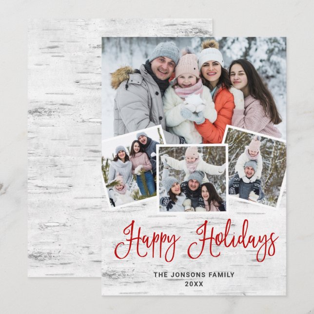 Christmas Rustic Birch Bark 4 PHOTO Greeting Holiday Card (Front/Back)