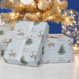 Christmas Rustic Blue Grey Green Deer Tree Wrapping Paper