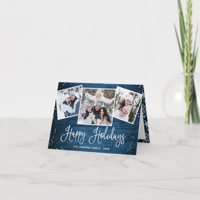 Christmas Rustic Blue Wood 3 PHOTO Greeting Holiday Card (Front)