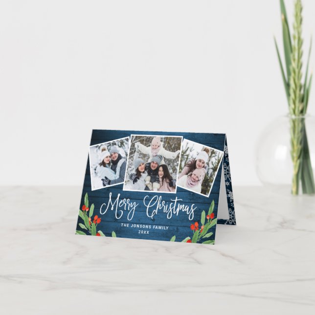 Christmas Rustic Blue Wood 3 PHOTO Greeting Holiday Card (Front)