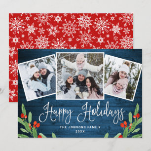 Christmas Rustic Blue Wood 3 PHOTO Greeting Holiday Card