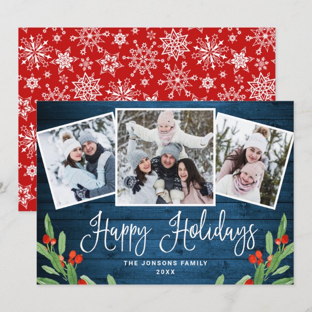 Christmas Rustic Blue Wood 3 PHOTO Greeting Holiday Card (Front/Back)