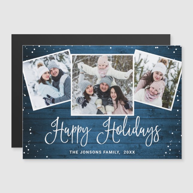 Christmas Rustic Blue Wood 3 PHOTO Magnetic Card (Front/Back)
