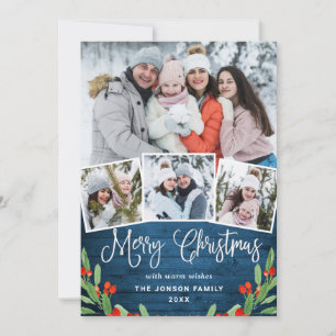 Christmas Rustic Blue Wood 4 PHOTO Greeting Holida Holiday Card