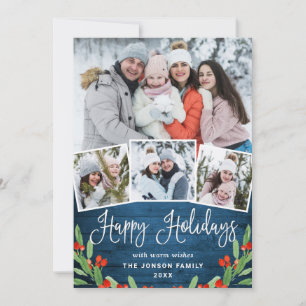 Christmas Rustic Blue Wood 4 PHOTO Greeting Holiday Card
