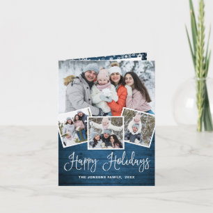 Christmas Rustic Blue Wood 4 PHOTO Greeting Holiday Card