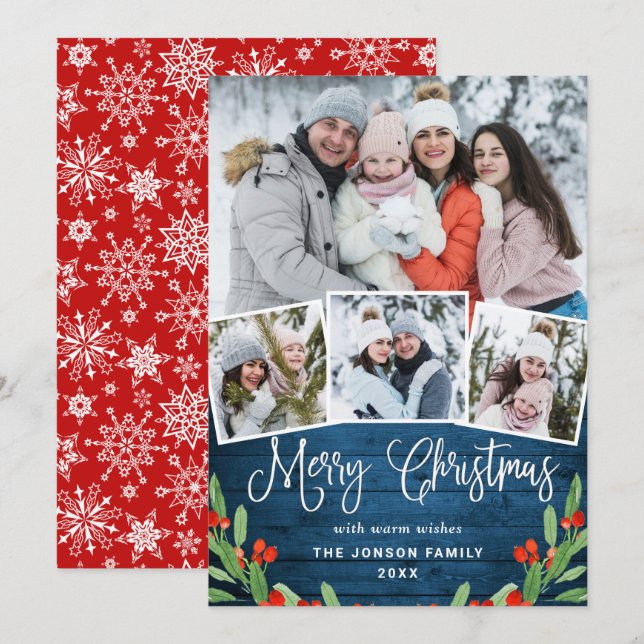 Christmas Rustic Blue Wood 4 PHOTO Greeting Holiday Card (Front/Back)